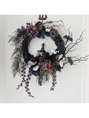 Wreath Flippers Handcrafted 14" Gothic Witch Halloween Wreath